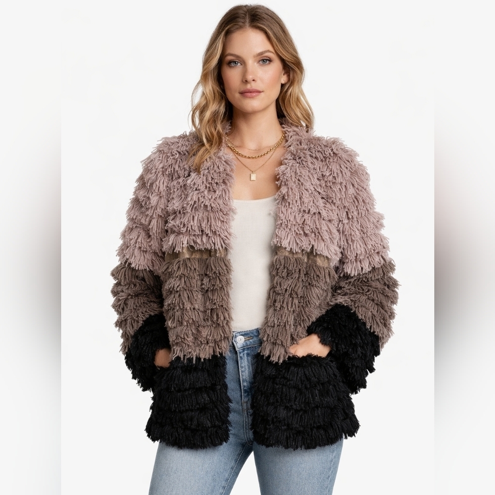 Anthropologie Sage the Label Women's Block Fringe Open Front shaggy jacket Sz M.